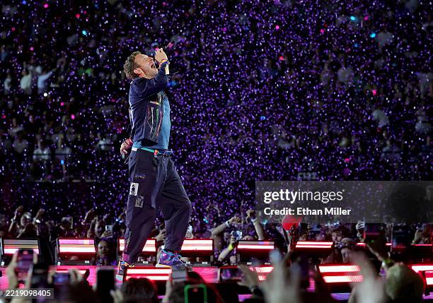 Chris Martin of Coldplay performs on a stop of the band's Music of the Spheres world tour at Allegiant Stadium on June 06, 2025 in Las Vegas, Nevada.