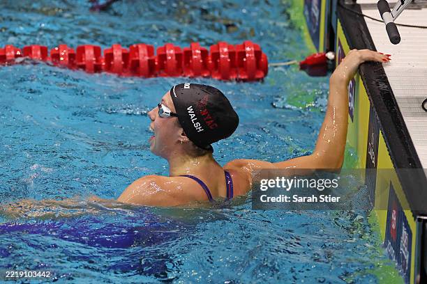 Gretchen Walsh reacts after the Women's 50m Freestyle Final on day five of the Toyota National Championships at Indiana University Natatorium on June...