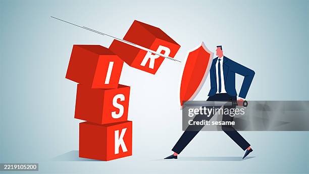 solving the risk problem, the merchant took a shield and sword and cut off the falling risk cube - stock cube stock illustrations