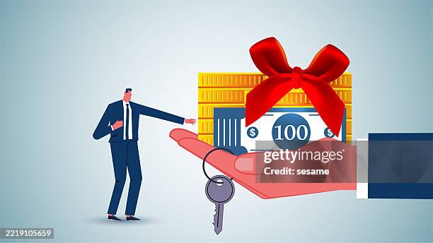 illustrations, cliparts, dessins animés et icônes de obtenir la richesse et les clés de la richesse, les affaires prospères, les hommes d’affaires obtenir la richesse et les clés entre les mains de géants - avantage