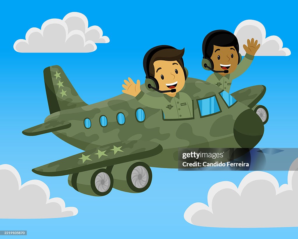 Military cargo airplane pilot and copilot cartoon