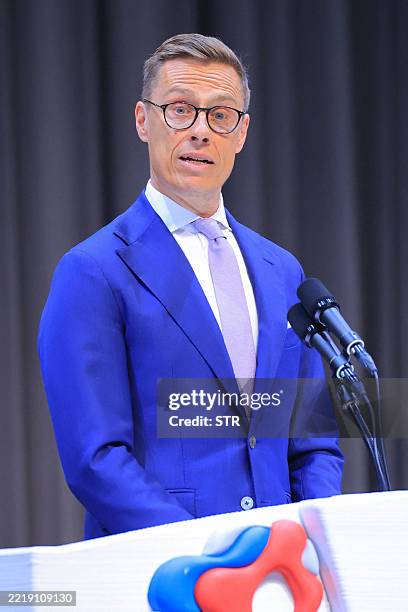 Finland's President Alexander Stubb delivers a speech as he attends the national day event of the 2025 Osaka Expo in the city of Osaka on June 12,...