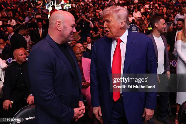 President Donald Trump talks with UFC President and CEO Dana White during the UFC 316 event at Prudential Center on June 07, 2025 in Newark, New...