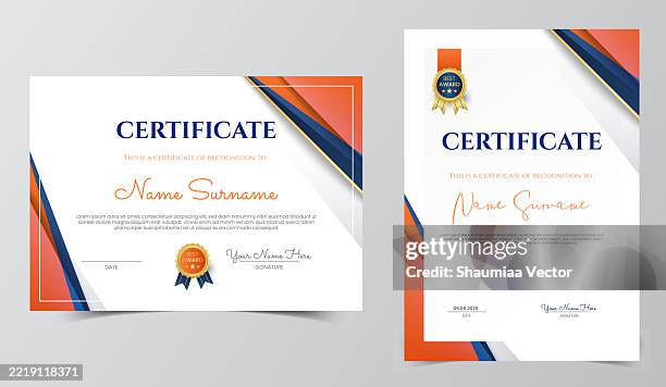 ilustraciones, imágenes clip art, dibujos animados e iconos de stock de diseño de fondo de certificados de graduación y agradecimiento con degradados de colores azul y naranja sobre blanco - certificado
