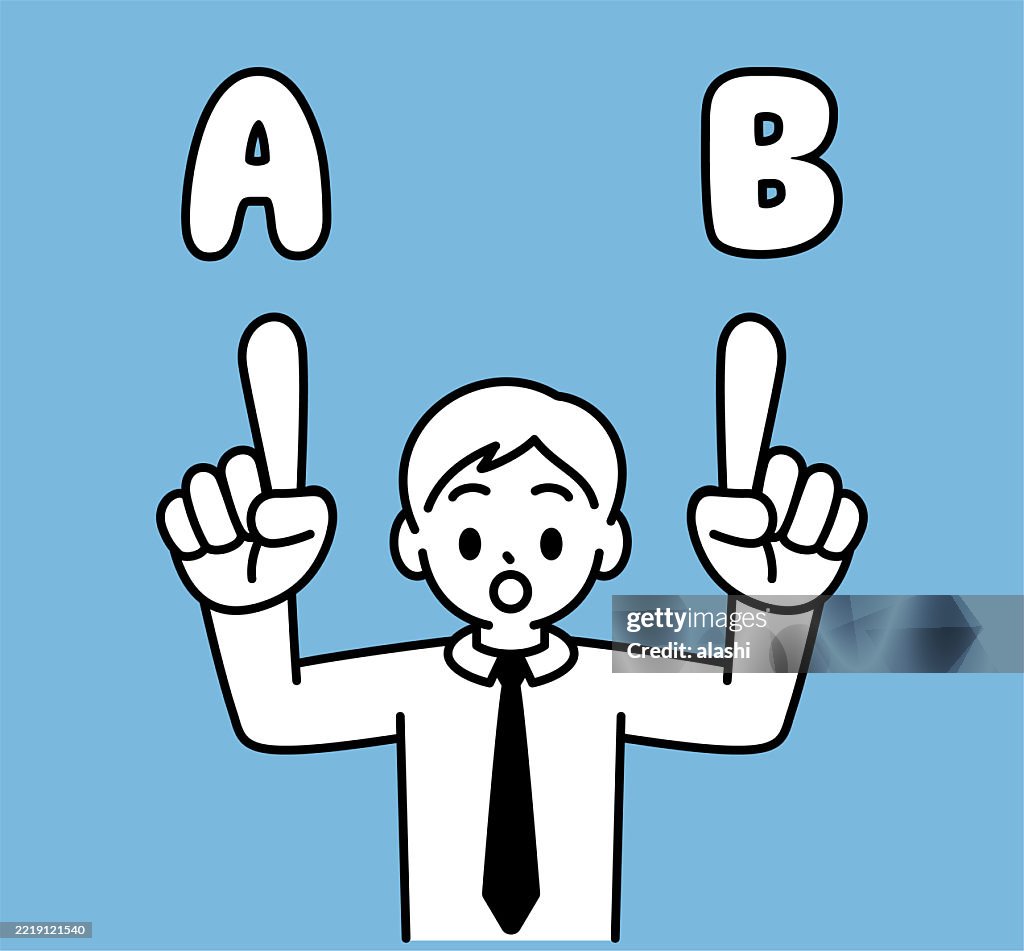 A young businessman wearing a shirt and tie raises both hands, pointing upwards with his index finger, showing two options with A and B, talking and asking, looks at the viewer. Front view, black outline with flat colors, minimalist style