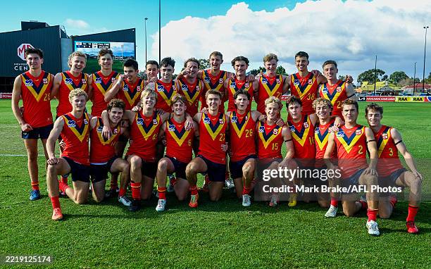 South Australia pose for a team photo after winning the Marsh AFL National Championships U18 Boys match between South Australia and Victoria Metro at...