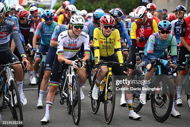 Tadej Pogacar of Slovenia and UAE Team Emirates - XRG and Jonas Vingegaard of Denmark and Team Visma | Lease a Bike prior to the 77th Criterium du...