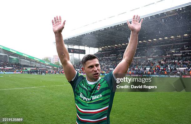 Ben Youngs of Leicester Tigers shows his appreciation to the fans following his final home appearance during the Gallagher Premiership Rugby Semi...