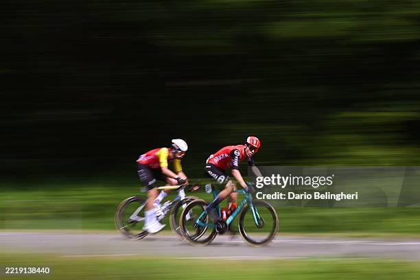 Paul Ourselin of France and Team Cofidis and Pierre Thierry of France and Team Arkea - B&B Hotels compete in the breakaway during the 77th Criterium...