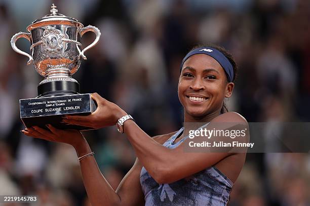 Coco Gauff of United States with the Coupe Suzanne Lenglen trophy after her victory over Aryna Sabalenka in the Women’s Singles Final match on Day...