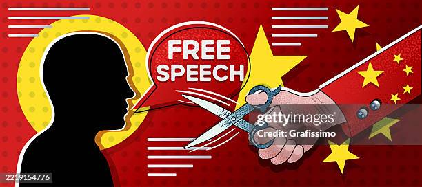 businessman speaking while scissors cutting a speech bubble as metaphor for censorship with national flag of china - protestor stock illustrations