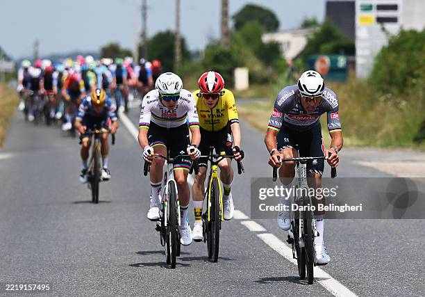 Tadej Pogacar of Slovenia and UAE Team Emirates - XRG, Jonas Vingegaard of Denmark and Team Visma | Lease a Bike and Mathieu van der Poel of...