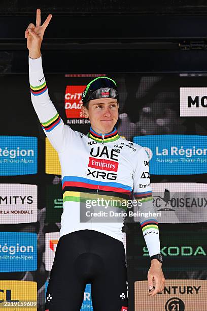Tadej Pogacar of Slovenia and UAE Team Emirates - XRG celebrates at podium as stage winner during the 77th Criterium du Dauphine 2025, Stage 1 a...