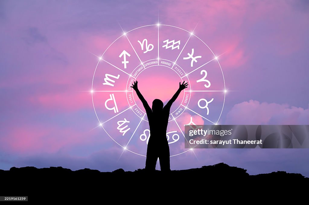Zodiac signs inside of horoscope circle. Astrology in the sky with many stars and moons astrology and horoscopes concept