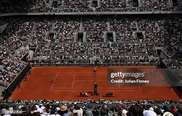 General view of Court Philippe-Chatrier as Jannik Sinner of Italy serves against Carlos Alcaraz of Spain during the Men's Singles Final match on Day...