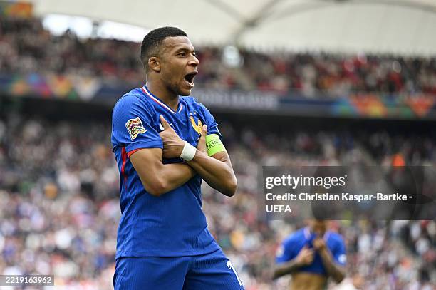 Kylian Mbappe of France celebrates scoring his team's first goal during the UEFA Nations League 2025 third place match between Germany and France at...