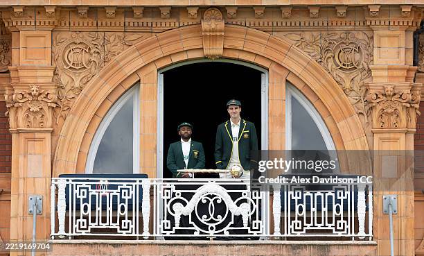 Temba Bevuma of South Africa and Pat Cummins of Australia pose for a photo with the ICC World Test Championship Mace at Lord's Cricket Ground on June...