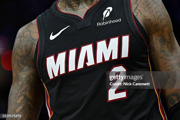 Closeup view of the Miami Heat logo on the Nike jersey worn by Terry Rozier during the second half against the Cleveland Cavaliers at Rocket Arena on...