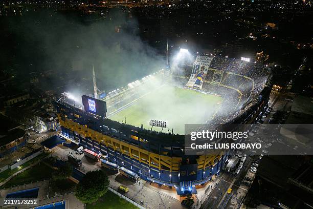An aerial view of La Bombonera stadium during the Argentine Professional Football League 2025 Apertura Tournament quarter-final match between Boca...