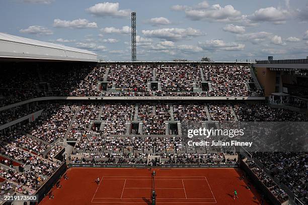 General view of Court Philippe-Chatrier as Carlos Alcaraz of Spain serves against Jannik Sinner of Italy during the Men's Singles Final match on Day...