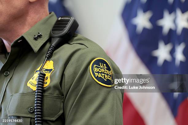 Los Angeles, CA. June 12, 2025 An U.S. Border Patrol logo patchThursday, June 12, 2025 during at a press conference in Los Angeles.
