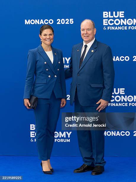 Crown Princess Victoria of Sweden and HSH Prince Albert II of Monaco during the Blue Economy And Finance Forum on June 08, 2025 in Monaco, Monaco.
