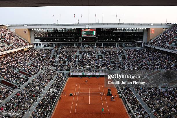 General view of Court Philippe-Chatrier as Carlos Alcaraz of Spain serves against Jannik Sinner of Italy in the fifth set during the Men's Singles...