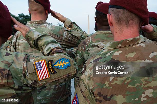 Army paratroopers from the 82nd Airborne Division based at Fort Bragg, who will participate in the Army's 250th Anniversary Parade, conduct a...