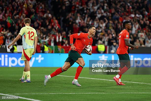 Cristiano Ronaldo of Portugal celebrates scoring his team's second goal during the UEFA Nations League 2025 final match between Portugal and Spain at...