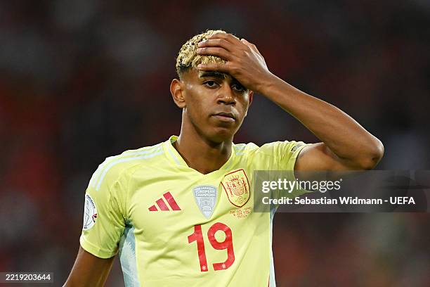 Lamine Yamal of Spain reacts during the UEFA Nations League 2025 final match between Portugal and Spain at Munich Football Arena on June 08, 2025 in...