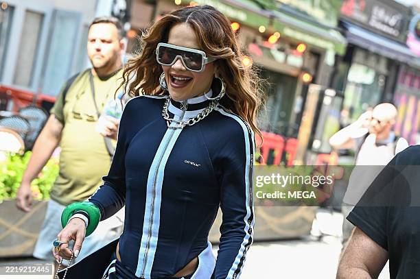 Rita Ora is seen leaving Global Studios on June 13, 2025 in London, United Kingdom.