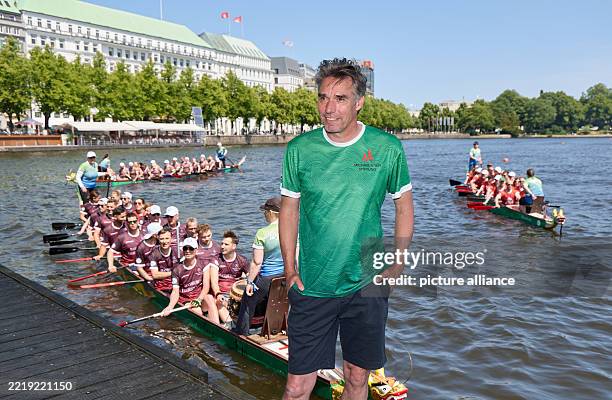June 2025, Hamburg: Michael Stich, Wimbledon and Olympic champion and initiator, takes part in the 19th Dragon Boat Cup of the Michael Stich...