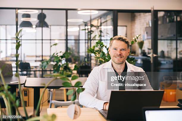 lächelnder professioneller mann, der in einem modernen büro mit natürlichem licht und laptop arbeitet - halbnahe-einstellung stock-fotos und bilder