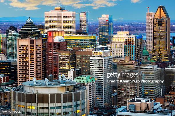city lights and skyline magic, montreal at dusk from mount royal. - montreal fotografías e imágenes de stock