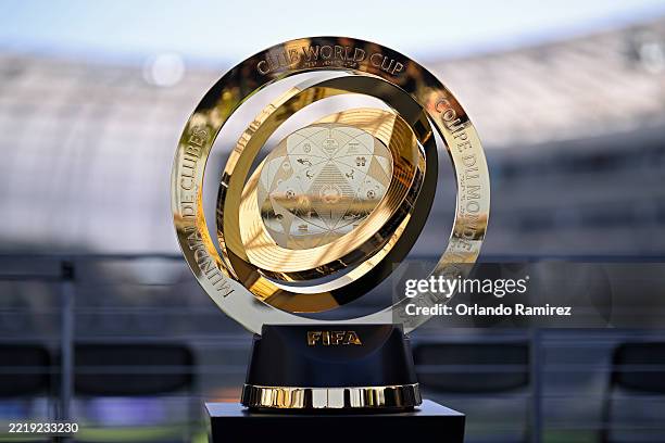 Detailed view of the FIFA Club World Cup trophy on display at BMO Stadium before the game between the Los Angeles FC and the Sporting Kansas City on...