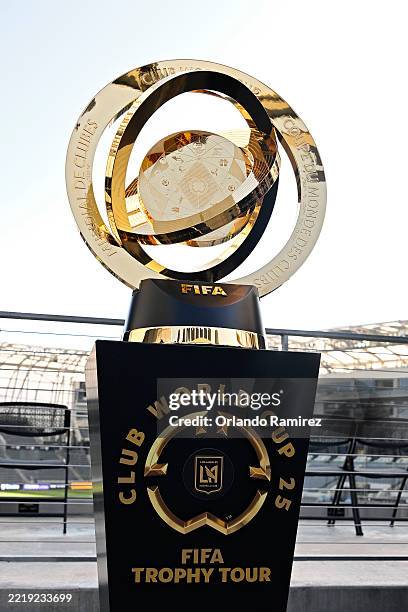 Detailed view of the FIFA Club World Cup trophy on display at BMO Stadium before the game between the Los Angeles FC and the Sporting Kansas City on...