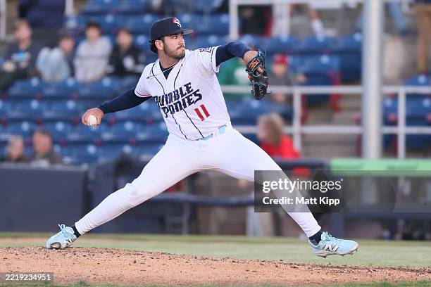 Anthony Nunez of the Binghamton Rumble Ponies pitches during the game between the Richmond Flying Squirrels and the Binghamton Rumble Ponies at...