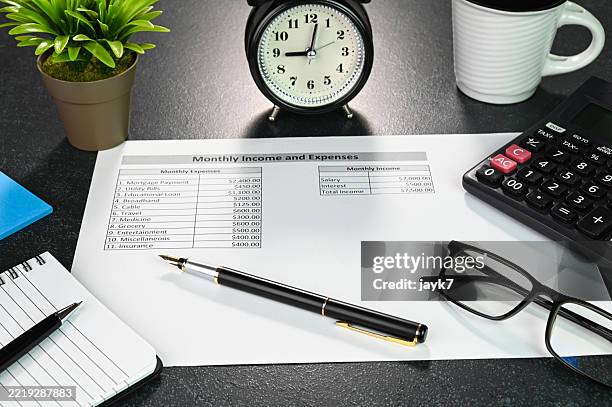 A clean, organized accounting workspace with a calculator and financial reports.
