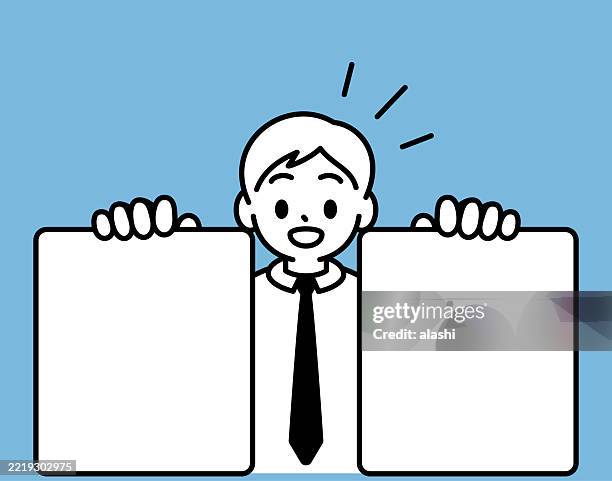 a young businessman wearing a shirt and tie, holding two blank signs, smiling, talking, asking, looking at the viewer. front view, black outline with flat colors, minimalist style - advocacy stock illustrations