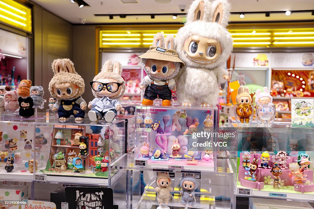 Labubusa Labubu figures and dolls are seen on display at a Pop Mart store on ...