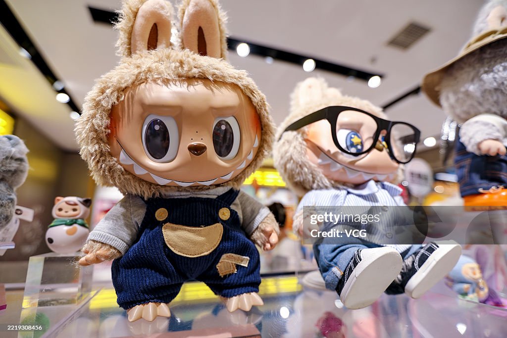 Labubusa Labubu figures and dolls are seen on display at a Pop Mart store on ...