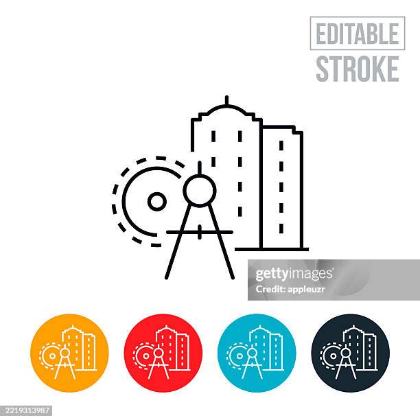 drawing compass and high rise business building thin line icon - editable stroke - compass drawing circle stock illustrations
