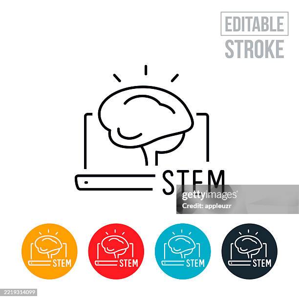 stem study on laptop computer thin line icon - editable stroke - science technology engineering math stock illustrations
