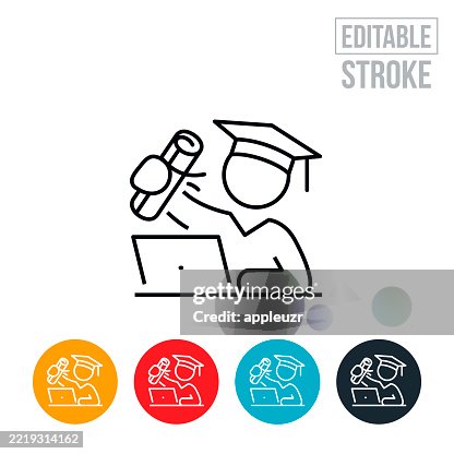 Student Graduating By Doing E-Learning Thin Line Icon - Editable Stroke Student Graduating By Doing E-Learning Thin Line Icon - Editable Stroke