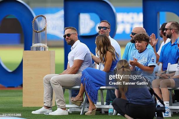 Kansas City Royals alumni Alex Gordon is inducted into the hall of fame during a pregame ceremony prior to the game between the Athletics and the...