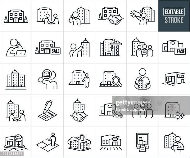 commercial real estate thin line icons - editable stroke - icons include office building, real estate agent, lease, for sale, handshake, business building, building construction, retail outlet, warehouse, industrial building, real estate contract, factory - commercial real estate stock illustrations