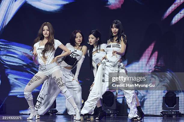 Belle, Natty, Julie and Haneul of girl group Kiss of Life perform on stage during Kiss of Life 4th mini album "224" media showcase at Yes24 Live Hall...
