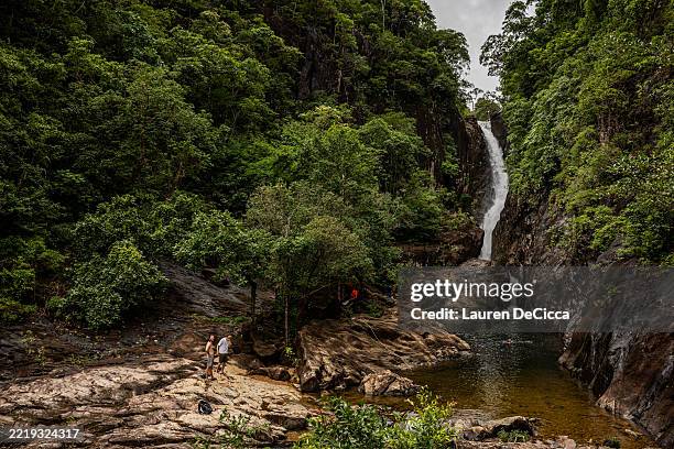 Tourists visit the Khlong Phlu Waterfall on June 09, 2025 in Koh Chang, Thailand. Koh Chang, which means “Elephant Island” in Thai, was recently...