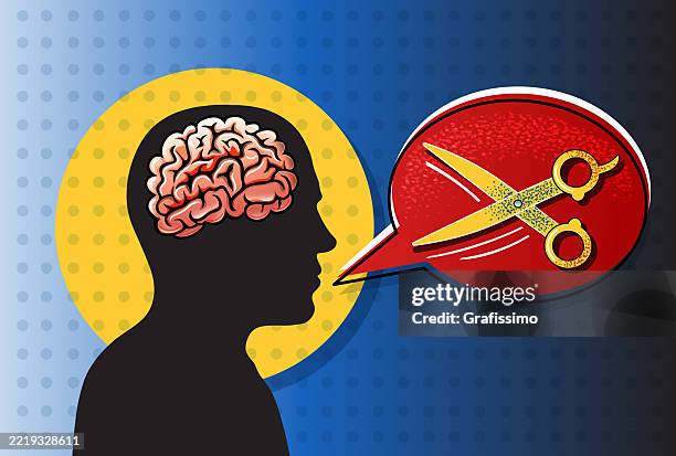 man speaking while scissors cutting a speech bubble as metaphor for censorship and autocratic form of government - two conversation bubbles stock illustrations