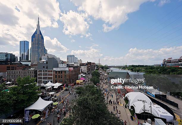 View of downtown Nashville from the John Seigenthaler Pedestrian Bridge during CMA Fest 2025 at on June 08, 2025 in Nashville, Tennessee.